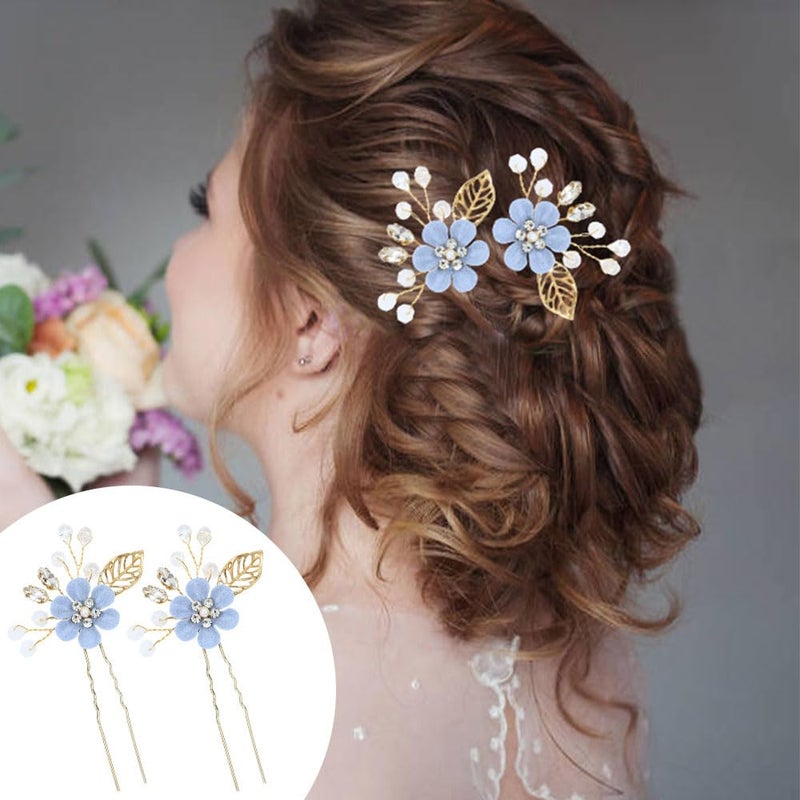Dizila 20 Pieces Bridal Wedding Party Prom Rhinestone Pearl Light Blue Flower Hair Side Combs Slides+U-shaped Flower Hair Pins+Twist Spiral Pearl Hair Pins Headpieces for Brides Bridesmaids Women Girl - Image 3